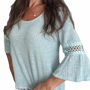 Womens Pastel Aqua Boho Top Size L Shirt Fairy Wallflower Cottage Flare Sleeve